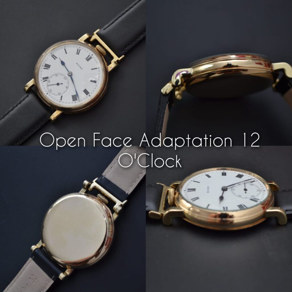 Pocket watch to wristwatch conversion — crown at 12 o'clock, gold case vintage Rolex movement